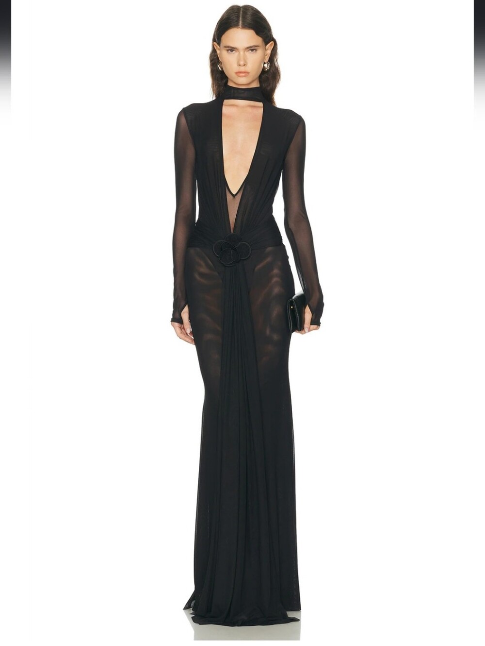 V-Neck Long Sleeve Mesh Gown